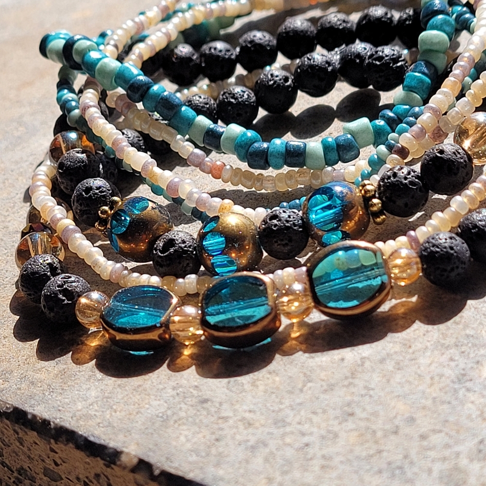 ×7 Lava & Glass Bead Blue Bracelet Set - Picture 4 of 4